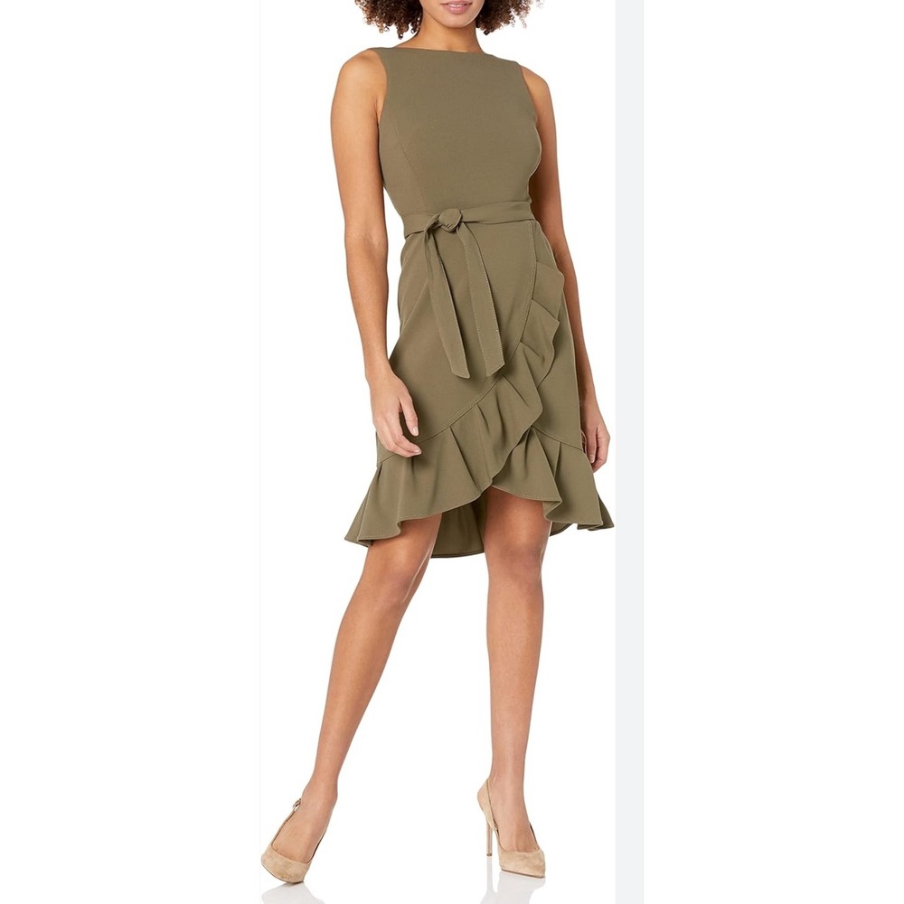 Calvin Klein Women's Sleeveless‎ Tie Wrap Waist Ruffle Skirt Dress Green $100